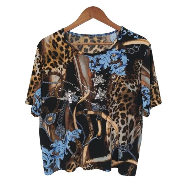Vintage Animal Print Floral Beaded Damask Short Sleeve Plus Size Blouse Y2K 1X - Picture 1 of 7